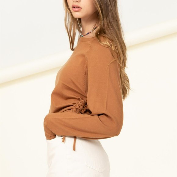RELISTED Brown Sugar Long Sleeve Ruched Side Sweatshirt Top Sweater - Picture 4 of 5